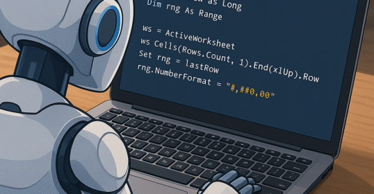 Robot de inteligencia artificial programando macros VBA en un portátil con Microsoft Excel y Word, visto desde atrás y arriba.