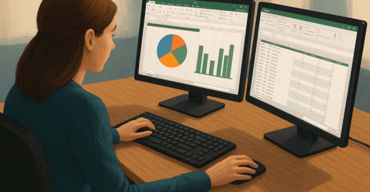 Empleada trabajando con dos monitores en oficina, un cuadro de mando en Excel y datos gestionados con Power Query.
