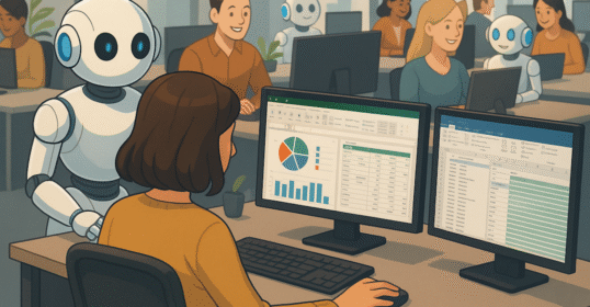 Empleados en oficina abierta trabajan con ordenadores junto a asistentes robóticos de inteligencia artificial que facilitan sus tareas.