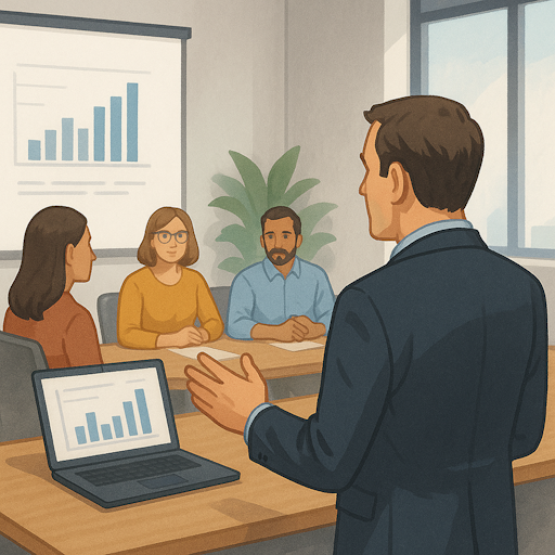 Formador guiando a empleados en una oficina con gráficos de Excel y Power BI, ilustrando el concepto de formaciones sólidas y confiables.